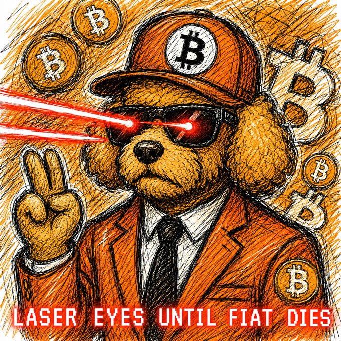 Illustration of a bear wearing a suit, tie, orange Bitcoin-themed cap, and sunglasses with glowing red laser eyes shooting beams, surrounded by Bitcoin logos, with the text 'LASER EYES UNTIL FIAT DIES' at the bottom.