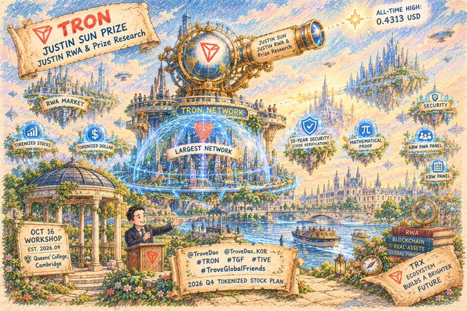 Colorful illustrated promotional graphic for the TRON Justin Sun Prize event on October 16, 2026 at Queens College Cambridge, highlighting the Tron Network, RWA Market, blockchain assets, 50-year security locks, and an all-time high of 0.4313 USD.