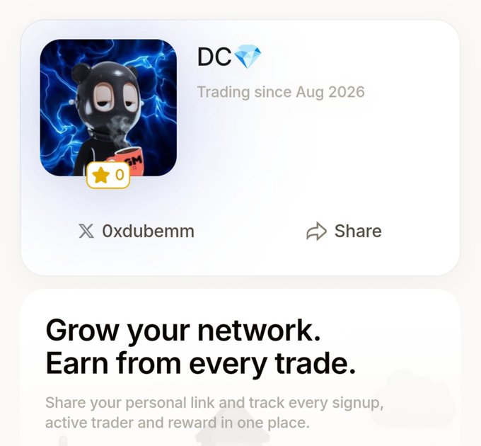 A digital profile card displays the username "0xdubemm" with a star rating of 0, trading since Aug 2026, under the post promoting Trenches—a Solana-based attention market platform where users accumulate stars via referral links.