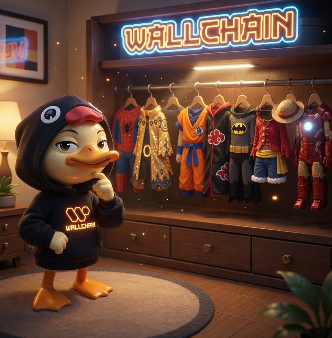 urn, lamp, dresser, plant, wallchain logo, pink and blue sign, cartoon duck character, black and white striped rug, wooden flooring with a green plant on the right side.