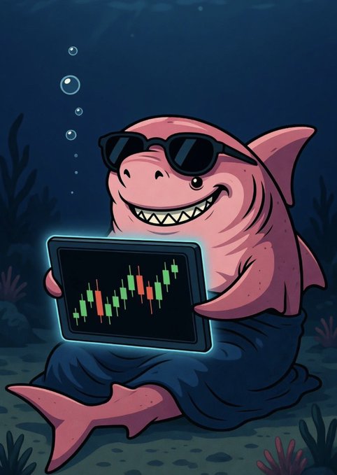 Cartoon illustration of a pink shark wearing sunglasses underwater, holding a tablet displaying a green and red candlestick stock chart.