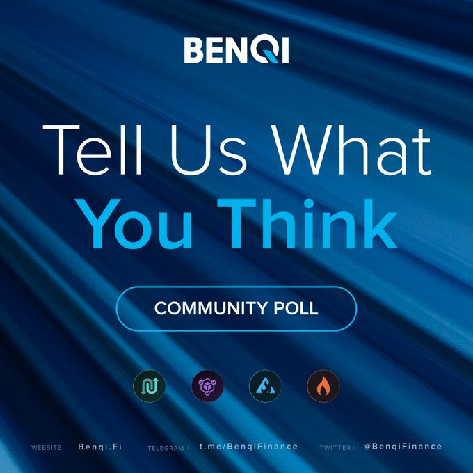 A blue-themed BENQI promotional graphic with the headline 'Tell Us What You Think' above a 'COMMUNITY POLL' button, featuring four circular icons and social media links for Benqi.Fi, t.me/BenqiFinance, and @BenqiFinance.