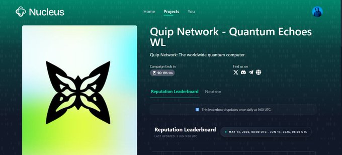 The image shows a screenshot of a webpage for the service Quip Network Quantum Echoes, which sells digital art prints. The title of the post includes the name "quip network" followed by "quip network quip network - quantum echo - -" in a playful font style, along with some text about the artwork and pricing details. A small image of a butterfly is located at the bottom right corner of the screen. The website address "http://quipnetwork.com/quip-network" is displayed in the top left corner, suggesting that it is the source for this artwork. It appears to be an auction site with various artworks available for purchase or viewing.