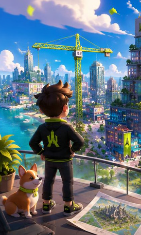 A vibrant digital artwork of a young boy and a corgi standing on a balcony, looking out over a colorful coastal city under construction with a yellow crane.