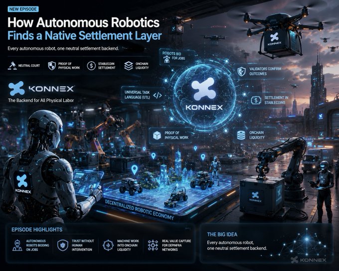 Futuristic episode thumbnail for KONNEX titled "How Autonomous Robotics Finds a Native Settlement Layer," depicting robots, drones, and a holographic globe surrounded by feature callouts like "Proof of Physical Work," "Stablecoin Settlement," and "Decentralized Robotic Economy."