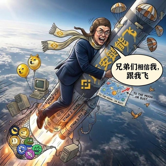 A cartoon illustration of a suited man wearing an aviator cap riding a rocket ship through the clouds, with Chinese text in a speech bubble that reads "兄弟们相信我, 跟我飞" (Brothers trust me, fly with me).