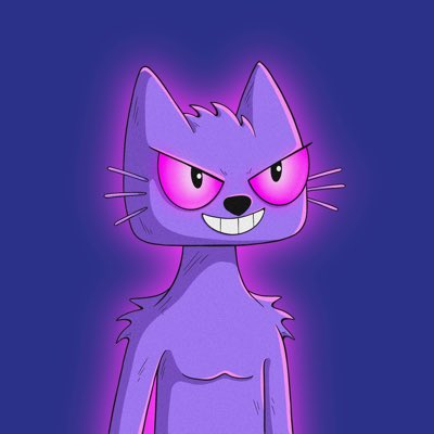 A cartoon purple cat with glowing pink eyes and a mischievous grin is depicted as a custom profile picture, fitting the post's mention of $CETS crew custom PFPs from @cetsongold. The neon glow and stylized design capture the playful yet edgy vibe of the crypto community aesthetic.