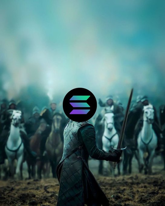 A dramatic fantasy-style image of a warrior in dark armor holding a sword, facing an army on horseback, with a Solana (SOL) logo obscuring the warrior's face.