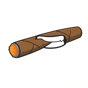 A cartoon illustration of a brown cigar with a burning orange tip and a white label.