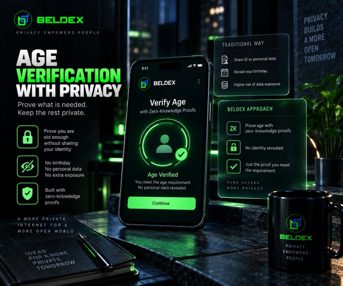 A promotional image for BELDEX advertising 'Age Verification With Privacy' using Zero-Knowledge Proofs, showing a smartphone interface that verifies age without sharing personal data, alongside a comparison of 'Traditional Way' vs 'Beldex Approach'.