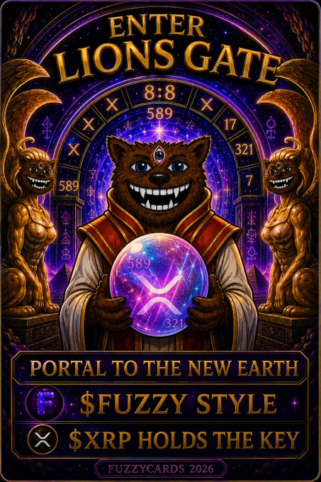 A mystical tarot-style card titled 'ENTER LIONS GATE' with '8:8' and '589' featuring a grinning brown creature holding a glowing crystal ball marked with the Pisces symbol and '321', flanked by sphinx statues, with text reading 'PORTAL TO THE NEW EARTH', '$FUZZY STYLE', and '$XRP HOLDS THE KEY' attributed to FUZZYCARDS 2026.
