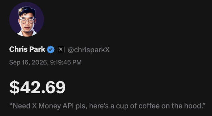 A tweet by Chris Park (@chrisparkX) from Sep 16, 2026, reading '$42.69' with the caption 'Need X Money API pls, here's a cup of coffee on the hood.'