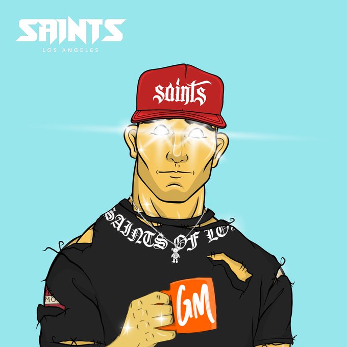 A cartoon-style illustration of a character wearing a red 'Saints' cap and a black 'Saints of LA' shirt, holding a mug labeled 'CM', with glowing white eyes and a 'SAINTS LOS ANGELES' logo at the top.