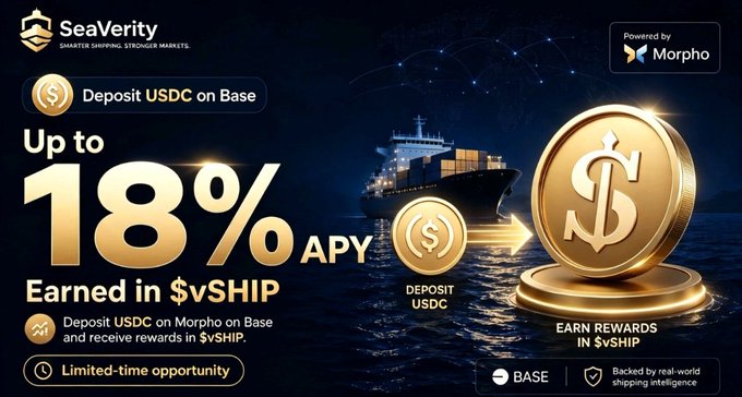 An advertisement for SeaVerity, offering "Up to 18% APY" for depositing USDC on Base, powered by Morpho, with visuals of a cargo vessel and a gold dollar coin.