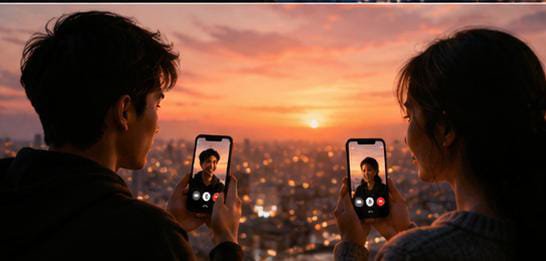 Two people in silhouette against a sunset over a city, holding up smartphones on video calls with each other.