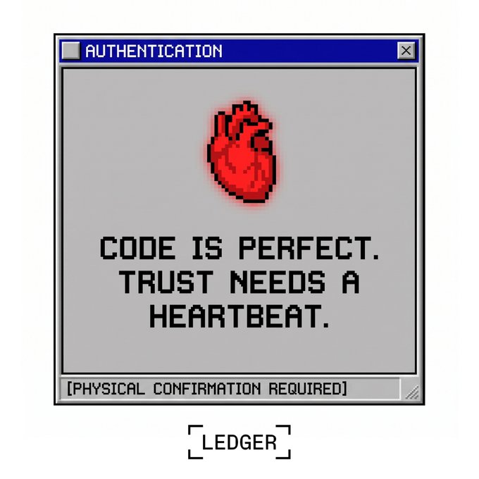 A pixel-art style authentication dialog box displaying a red anatomical heart with the message 'CODE IS PERFECT. TRUST NEEDS A HEARTBEAT.' and '[PHYSICAL CONFIRMATION REQUIRED]' at the bottom, branded with 'LEDGER'.