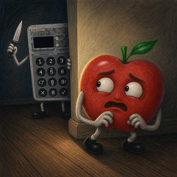 A whimsical illustration of an anthropomorphic red apple looking scared, being threatened by a calculator character holding a knife.