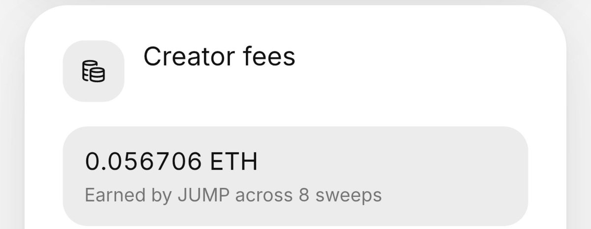 A screenshot showing 'Creator fees' of '0.056706 ETH' earned by JUMP across 8 sweeps.