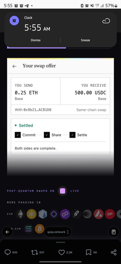 A smartphone screenshot displays a clock alarm at 5:55 AM and a completed crypto swap offer sending 0.25 ETH to receive 500.00 USDC on the Base network.