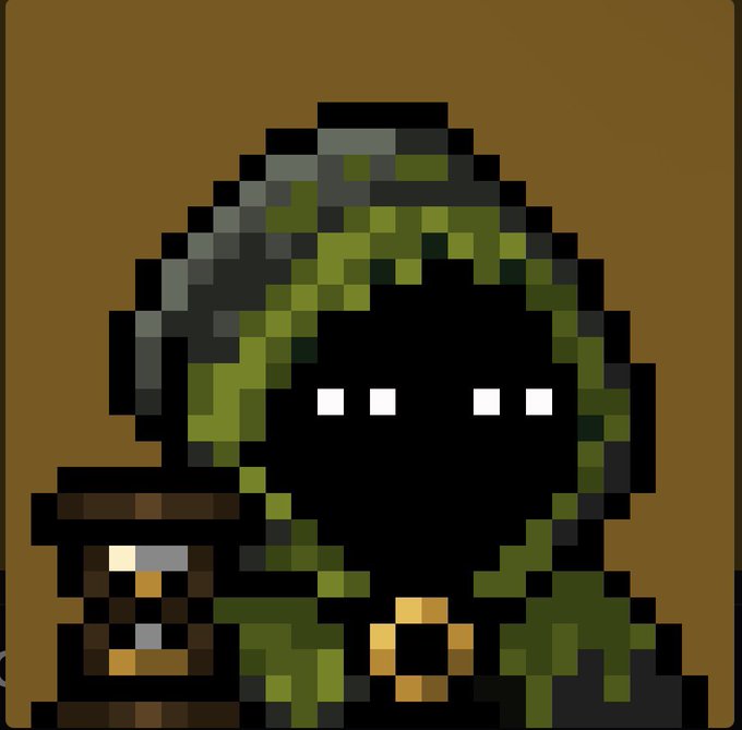 A pixel art character wearing a green hooded cloak with glowing white eyes stands next to a small lantern and gold coins, against a brown background. The hooded, shadowy figure fits the mystical theme of the "Mancer" reference, evoking a wizard or fortune-teller aesthetic that complements the post about acquiring a second MANCER token.