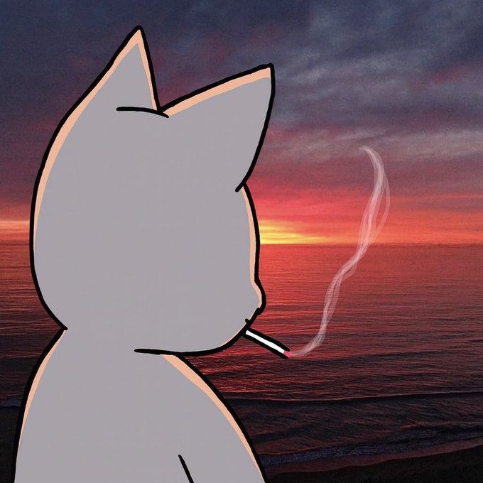 A simple digital drawing of a grey cat's profile smoking a cigarette while watching a sunset over the ocean.