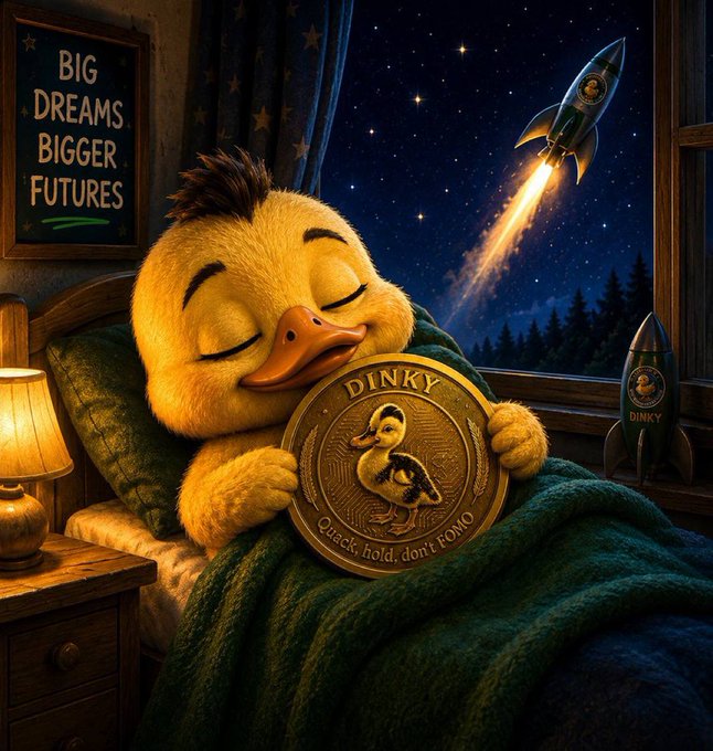 A whimsical illustration of a sleeping yellow duckling in bed clutching a golden 'DINKY' coin that says 'Quack, hold, don't FOMO', with a 'BIG DREAMS BIGGER FUTURES' chalkboard sign and a rocket visible through the window.