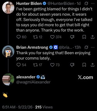 The image shows a screenshot of an X post exchange where Hunter Biden (@HunterBiden) tweets "I've been getting blamed for things I didn't do for about seven years now, it wears off. Seriously though, everyone I've talked to says you did more to get that bill right than anyone. Thank you for the work," which is replied to by Brian Armstrong (@bria...) with "Thank you for saying that! Been enjoying your comms lately." The post supports the caption by suggesting Coinbase CEO Brian Armstrong has been effective at repairing his public image through improved communications.
