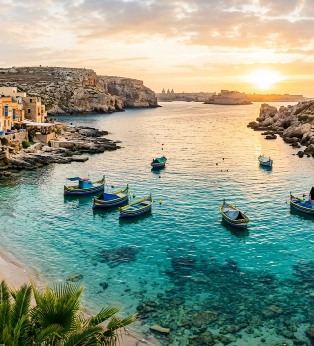 Traditional Maltese fishing boats floating on clear turquoise water at sunset. The scenic, carefree coastal setting contrasts with the post's warning about debt, symbolizing the financial freedom the author urges readers to pursue by holding Bitcoin rather than borrowing against it.