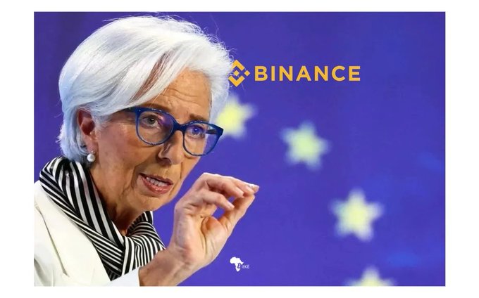 Christine Lagarde, the President of the European Central Bank, speaking while gesturing with her hand in front of an EU flag backdrop, with a 'BINANCE' logo superimposed in the top right.