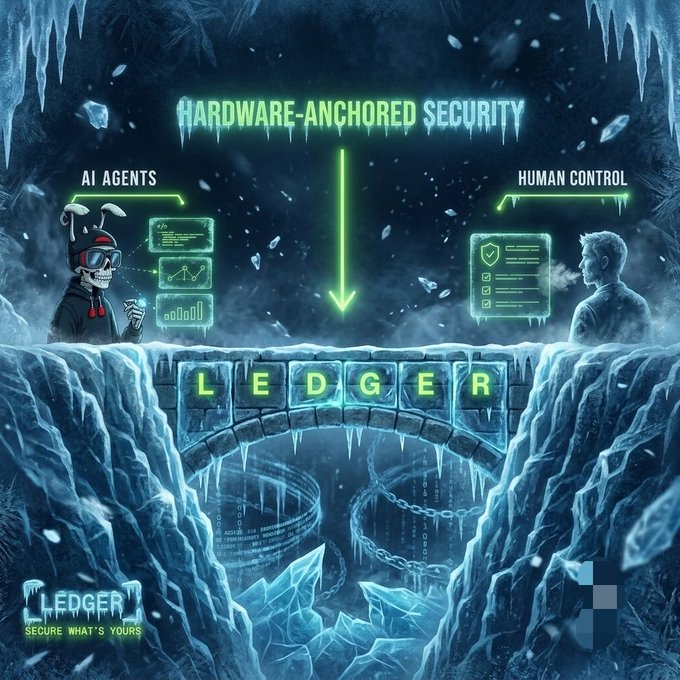 A Ledger crypto ad features an icy landscape with 'HARDWARE-ANCHORED SECURITY' text, showing an AI agent on the left and human control on the right.