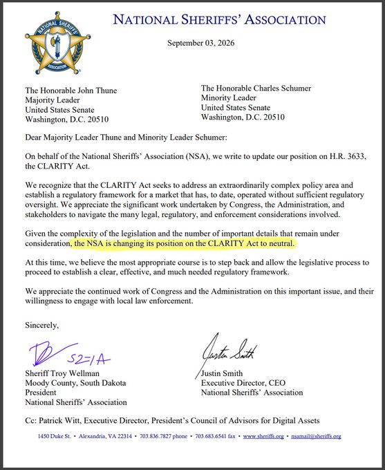 A letter dated September 3, 2026, from the National Sheriffs' Association to Senate Majority Leader John Thune and Minority Leader Charles Schumer, signed by Sheriff Troy Wellman and CEO Justin Smith, formally announces the NSA's shift to a neutral position on H.R. 3633 (the CLARITY Act), aligning with the post's announcement that the group has dropped its opposition.