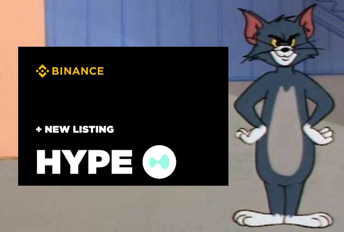 An announcement for a new Binance listing of 'HYPE' token is displayed next to Tom from the cartoon Tom and Jerry standing with his hands on his hips.