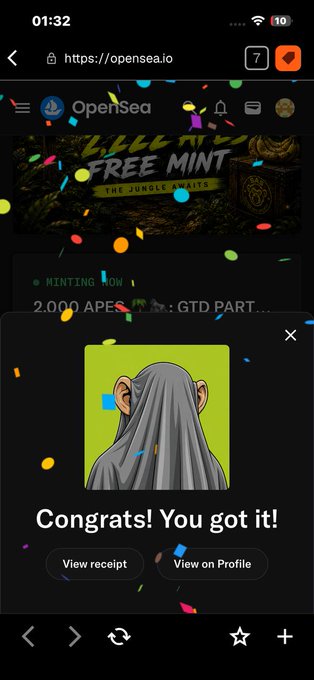 A screenshot of OpenSea (https://opensea.io) showing a successful NFT mint confirmation with "Congrats! You got it!" displayed alongside a cartoon ape image, confirming the user's free mint claim as a top 50 WiF holder of TheSuitedApes collection on the Sui network.