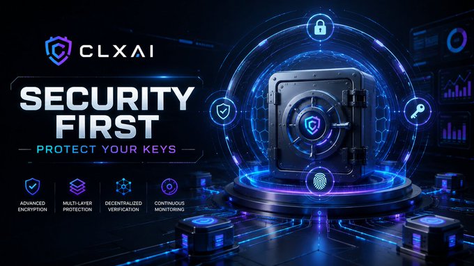 A promotional graphic for **CLXAI** features the headline "SECURITY FIRST — PROTECT YOUR KEYS" alongside a glowing futuristic vault surrounded by icons representing advanced encryption, multi-layer protection, decentralized verification, and continuous monitoring. The imagery visually reinforces the message that users should never share seed phrases, private keys, or transaction signatures for airdrops, emphasizing CLXAI's commitment to safeguarding user assets.