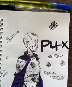 A hand-drawn sketch in a spiral notebook depicts a purple-cloaked character with the stylized text 'P4X', 'PARALLEL UNIVERSE', and a castle logo, with pens visible at the top.