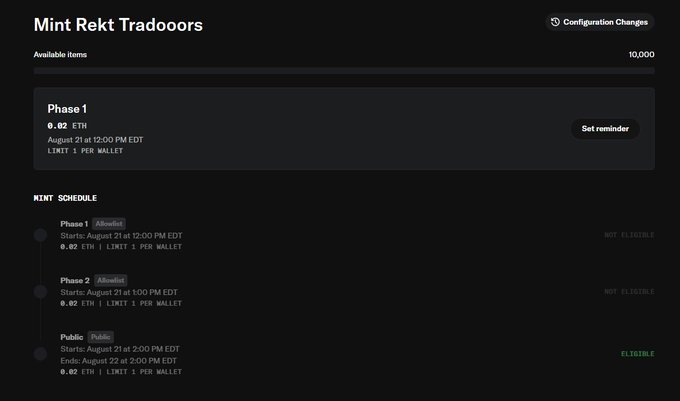 A 'Mint Rekt Tradoooors' NFT mint schedule page showing Phase 1 on August 21 at 12:00 PM EDT for 0.02 ETH with 1 per wallet limit, alongside Phase 2 and Public sale phases.