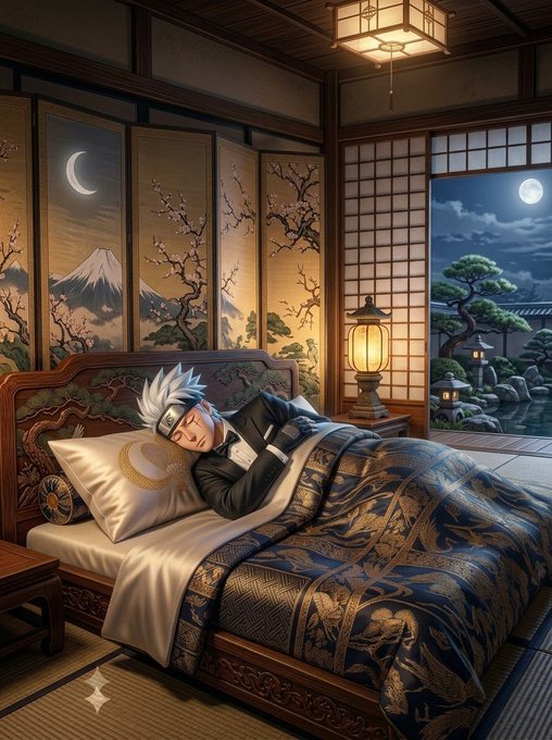 A silver-haired anime character sleeps peacefully in an ornate traditional Japanese-style bedroom with shoji screens, a hanging lantern, and moonlit garden views.