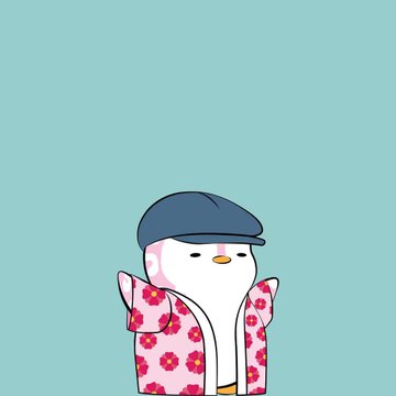 The image features a cartoon penguin wearing a hat, jacket, and shirt with pink flowers. The penguin appears to be standing against a blue background, giving off an impression of being ready for action or adventure. The caption "If I'm gonna own ETH I prefer to do it in Lil pudgy's" is written below the image, which seems to be related to the cartoon penguin character from the post.