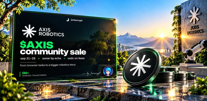 Promotional banner for 'AXIS community sale' by juracrypt with $AXIS token info, dated sep 21-28, featuring Axis Robotics branding.