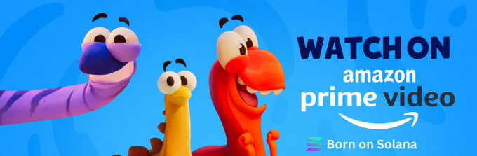 The image features colorful claymation-style characters alongside text promoting "WATCH ON amazon prime video" and "Born on Solana," suggesting the Solana-themed NFT collectibles are now streaming on Prime Video. This visually supports the post's excitement about Solana's expanding platform presence from ESPN to Amazon Prime Video.