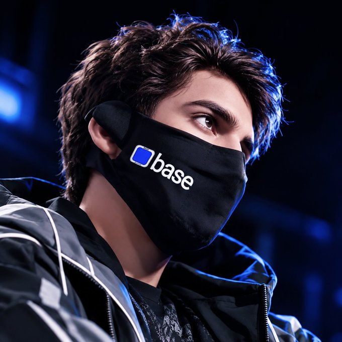 A digital illustration of a young man with brown hair wearing a black face mask with the Coinbase logo and a black jacket, set against a dark blue background