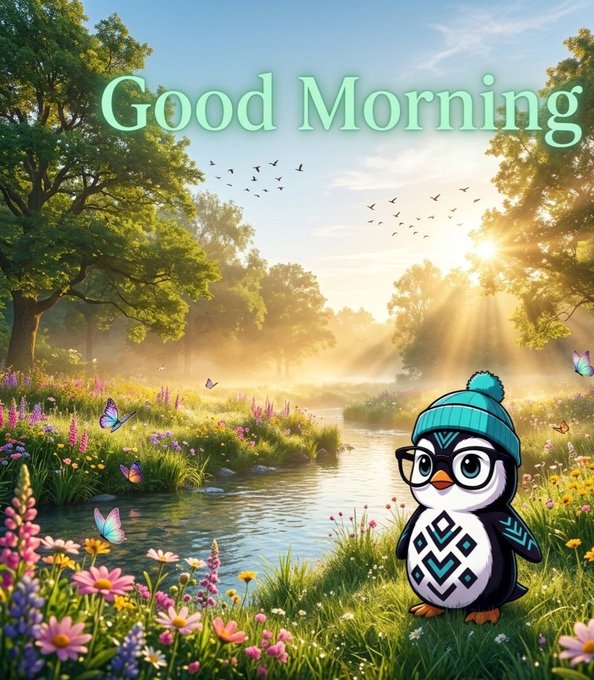 A cheerful "Good Morning" greeting appears over a vibrant sunrise scene featuring a cute penguin wearing a teal beanie and glasses, standing in a flowery meadow beside a sparkling stream with butterflies and birds. The bright, fresh imagery complements the morning message, using the wholesome, optimistic aesthetic to engage viewers with the day's crypto topics: Sleepagotchi's sleep-rewarding AI, Quipnetwork's quantum security, and Tria's gasless trading.