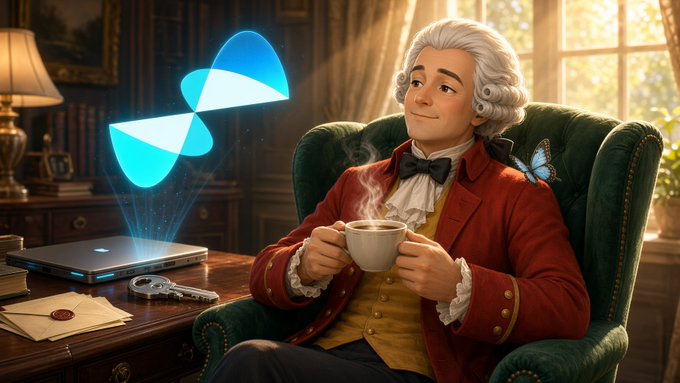 A whimsical 3D-rendered illustration of an 18th-century styled man in a powdered wig and red coat sitting in a green armchair holding a steaming teacup, while a butterfly perches on his shoulder and a holographic blue spiral logo projects from a laptop on the desk beside him.
