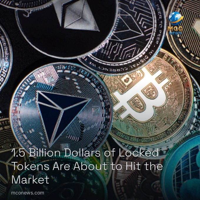 A news image from mconews.com showing physical representations of Tron (TRX) and Bitcoin (BTC) coins, with the headline '1.5 Billion Dollars of Locked Tokens Are About to Hit the Market'.