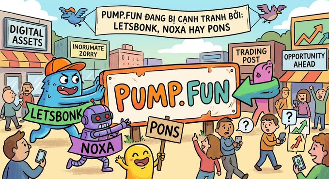 A cartoon illustration depicting characters around a 'PUMP.FUN' sign, referencing 'LETSBONK' and 'NOXA' as competitors, with nearby signs for 'DIGITAL ASSETS' and 'TRADING POST'.