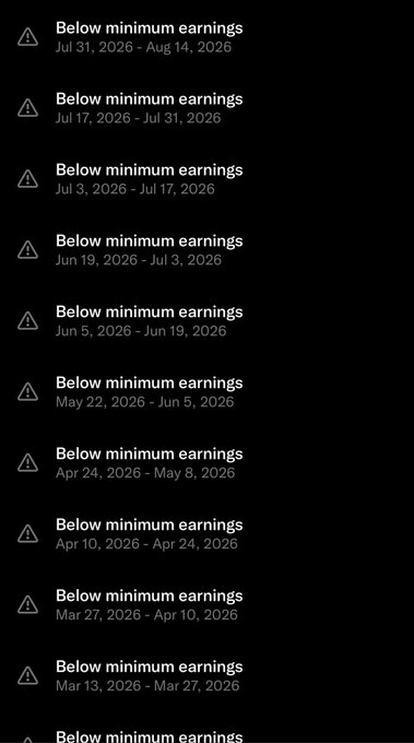 A list of notifications reading 'Below minimum earnings' for various two-week pay periods ranging from 2026.