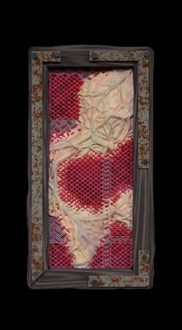 A pixel art-style asset shows a rusted metal door or gate with a translucent, fleshy membrane stretched across it, containing patches of red spiky textures.