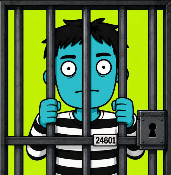 A cartoon character with blue skin wearing a black-and-white striped prison uniform stands behind jail bars, gripping them with a number placard reading "24601" — referencing the classic prisoner ID from Les Misérables — set against a bright green background, which the post uses to visually hype a 5x giveaway for @Weirdohoods.