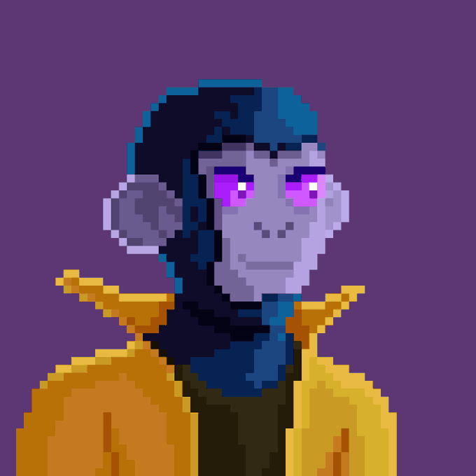 A pixel art portrait of a blue-skinned monkey-like character with glowing pink eyes, wearing a yellow jacket and dark scarf against a purple background.