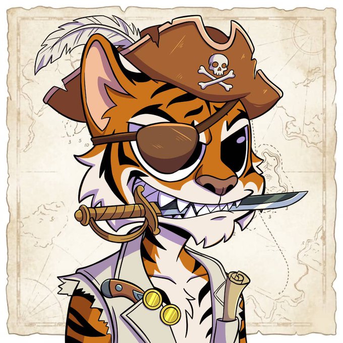 The image features a cartoon tiger wearing a pirate hat and holding a sword with a smile on its face. The tiger's unique striped pattern and the pirate hat suggest that this might be an illustration or artwork inspired by the concept of stripes and pirates, possibly created using blockchain technology like Ethereum. The post highlights the importance of individuality in each stripe and how it carries a story, making it more than just art but also a representation of identity and history.